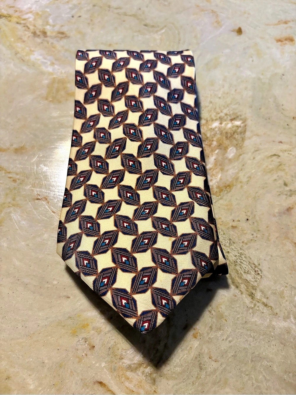 London Fog Geometric Silk Tie in Cream & Blue Like New